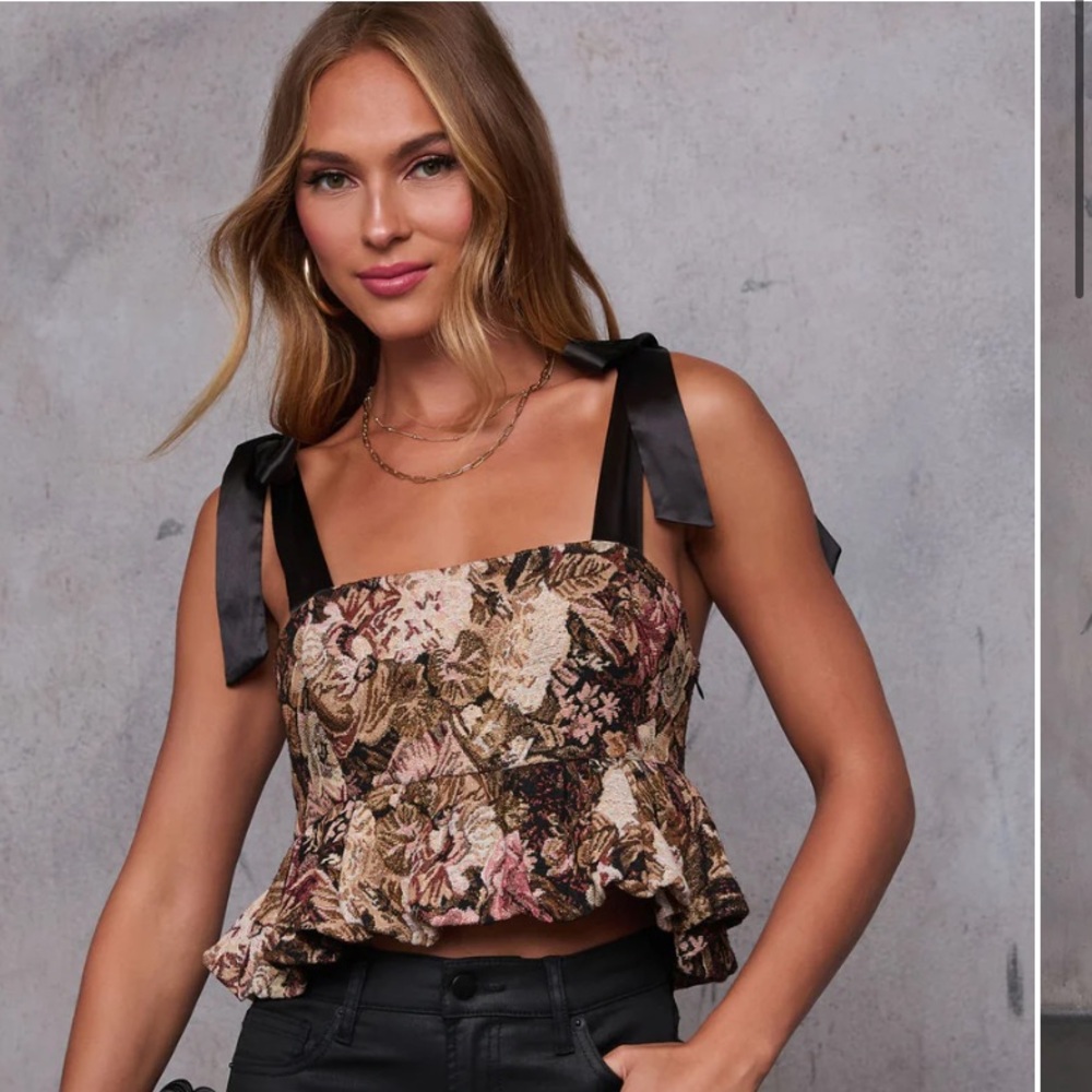 Floral satin shoulder tie peplum top